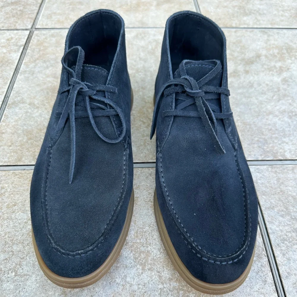 Brunello Cucinelli Navy Suede Chukka Boots with Tan Sole